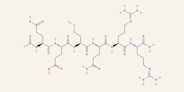 Annotated structure of Acetyl Hexapeptide-8 showing the acetylated N-terminus, amidated C-terminus, two glutamic acid residues, and two arginine residues.